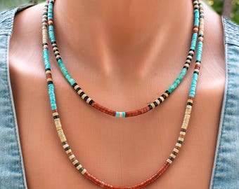 Collar largo estilo suroeste con cuentas de turquesa, jaspe rojo y jade • Joyería tribal • SD31