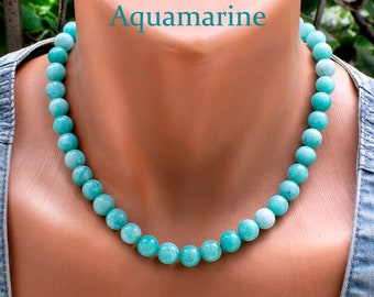 Bold Aquamarine Necklace • Gemstone Bead Statement Jewelry • SD40