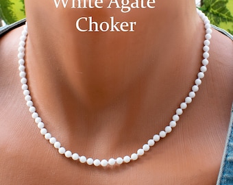 White Agate Bead Choker Necklace with Gold Steel Finish • Gentle and Pure Jewelry For Summer • Elegant Neckwear  • SD43