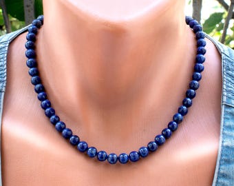 Lapis Lazuli Necklace, Blue Gemstone Beaded Necklace For men Women, Natural Stone Jewelry SD50