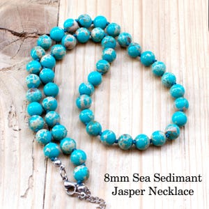 Sea Sediment Jasper Necklace • 8mm Turquoise Blue Beads • Hand Knotted Artisan Imperial Jasper Jewelry • Boho Gemstone Necklace • SD30