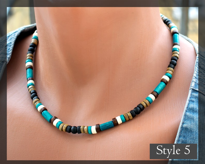 Mens Beaded Necklace Turquoise, Onyx, Wood Beads Choker Necklace Surfer, Boho, Casual, Everyday, Beach Handmade Jewelry SD50 zdjęcie 6