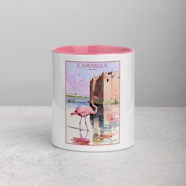 Mug flamand rose en Camargue: Élégance pour votre pause café | Illustration aquarelle du flamand rose sur le lac de sel | Idée cadeau nature