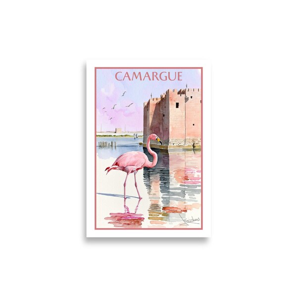 Poster Flamant Rose en Camargue: Paysage relaxant dans votre intérieur | Illustration aquarelle lac de sel | Impression de qualité