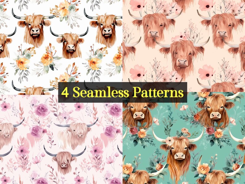 4 Highland Cow Seamless Patterns, Floral, for Commercial Use, Boho Boho Highland Cow Design, Cow