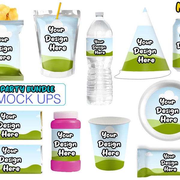 Party Mock Ups Bundle, Edit In Canva - Chip Bag, Water Bottle, Juice Pouch, Chocolate Bar, Party Hat, Pop Can, Paper Cup & Plate, Bubbles,