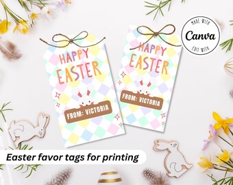 Personalized Easter Favor Tags Printable, Printable Easter Favor Tag, Editable Gift Tags, Gift Tags Template, Edit with Canva