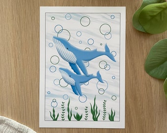 Illustration « Baleines » - A5/A6 Impression d’art, murale, affiche, carte, postale, voeu