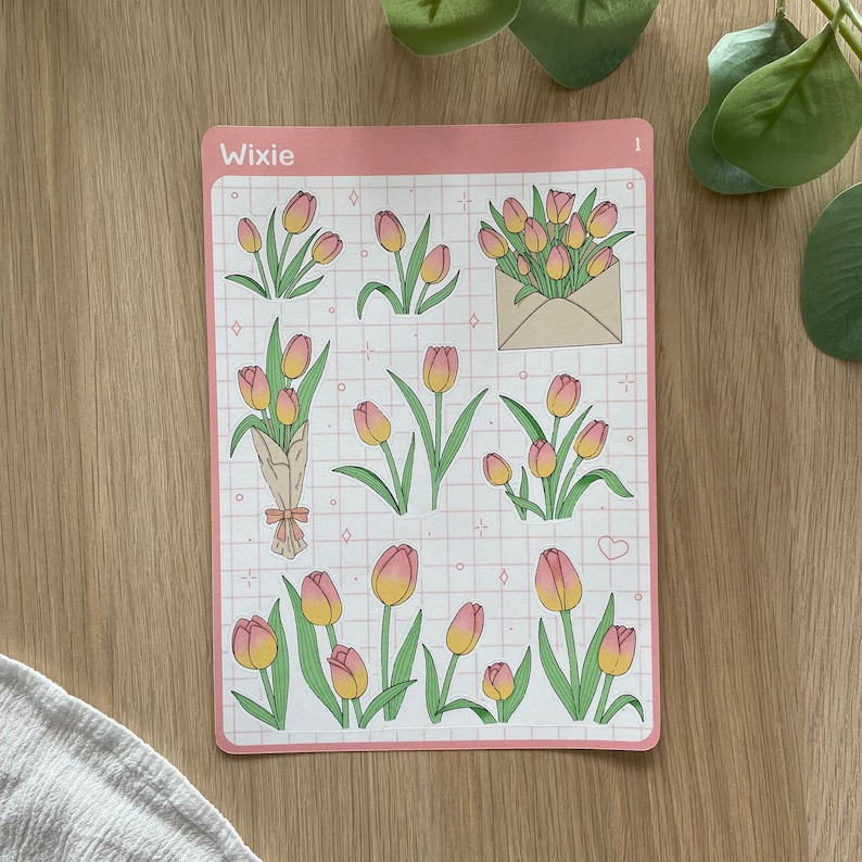 Planches de stickers thème Tulipes Autocollants pour bullet journal, planner, scrapbooking, art journal, carterie Planche 1
