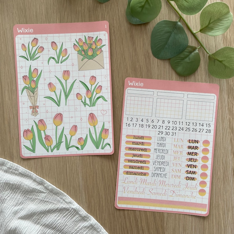 Planches de stickers thème Tulipes Autocollants pour bullet journal, planner, scrapbooking, art journal, carterie 2 - La 1 et journal