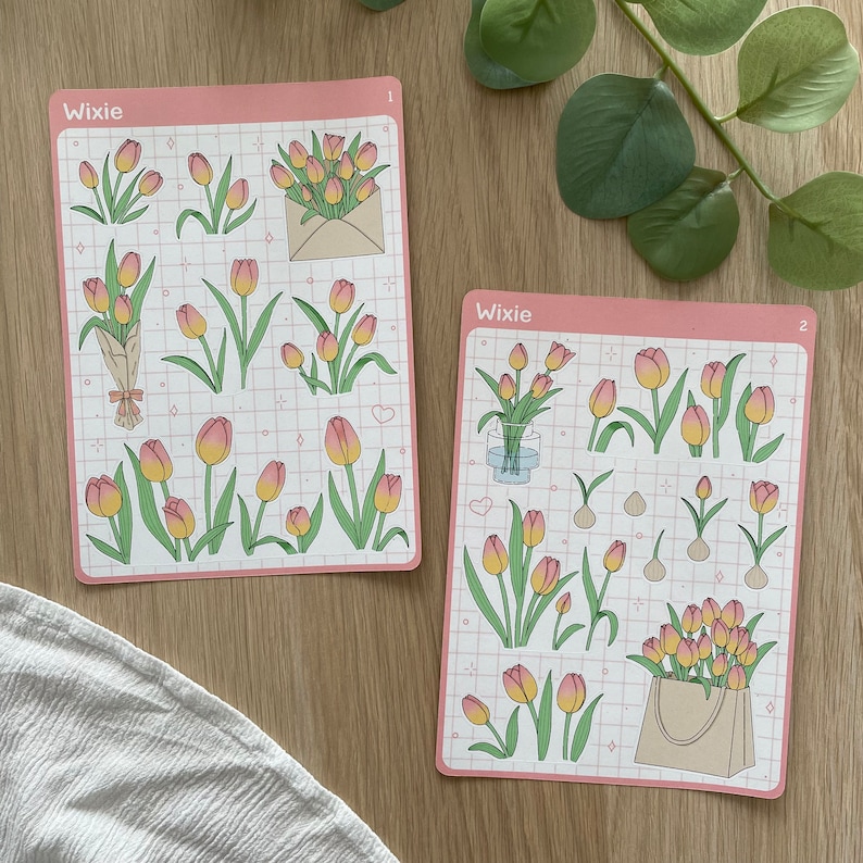 Planches de stickers thème Tulipes Autocollants pour bullet journal, planner, scrapbooking, art journal, carterie 2 - La 1 et la 2