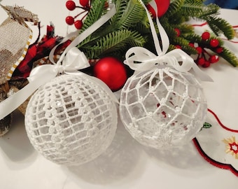 レース編みのクリスマスボールオーナメント、素朴な白いボール、4個