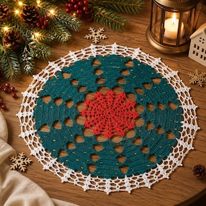 May include: A round crochet doily featuring a vibrant red center star pattern surrounded by a dark teal ring of stylized Christmas tree shapes accented with small gold beads, all finished with a delicate white lacy scalloped border.