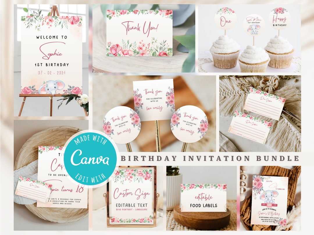 Elephant Floral Birthday Printable Bundle, Elephant Birthday Party ...