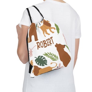 Personalized Drawstring Backpack w/Name for Girls Boys, Wild Animal Outdoor Drawstring Bag, Gifts for Back to School, Kid's Beach Bag