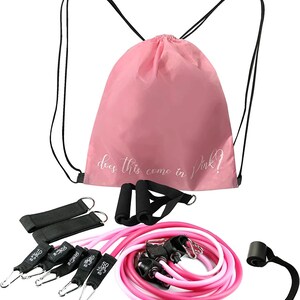 May include: A pink drawstring bag with the text "does this come in Pink?" is paired with black resistance bands, handles, and ankle straps. The set includes pink and white resistance tubes with metal clips.