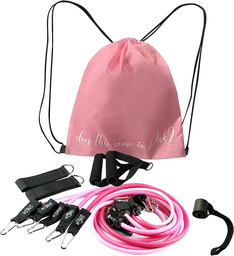 May include: A pink drawstring bag with the text "does this come in Pink?" is paired with black resistance bands, handles, and ankle straps. The set includes pink and white resistance tubes with metal clips.
