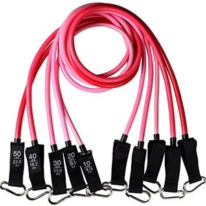 May include: Set of pink and red resistance bands with black handles and silver carabiner clips. Each band is labeled with weight in pounds and kilograms: 10 lbs (4.5 kg), 20 lbs (9.1 kg), 30 lbs (13.6 kg), 40 lbs (18.2 kg), and 50 lbs (22.6 kg).