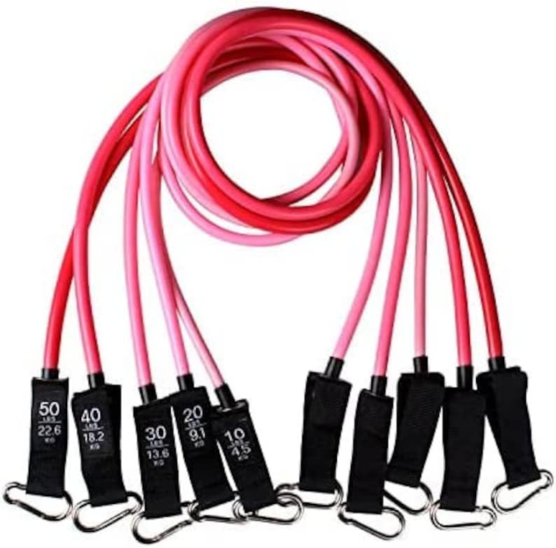 May include: Set of pink and red resistance bands with black handles and silver carabiner clips. Each band is labeled with weight in pounds and kilograms: 10 lbs (4.5 kg), 20 lbs (9.1 kg), 30 lbs (13.6 kg), 40 lbs (18.2 kg), and 50 lbs (22.6 kg).