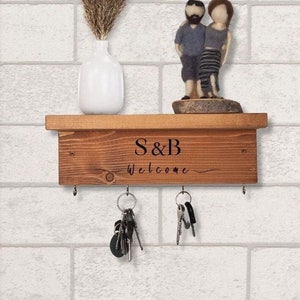 Customized Wooden Key Hook, Key Holder with 4 Hooks, Key Hanger with Shelf, Wedding Gifts, Initials, His and Hers, Valentines Gifts, Welcome