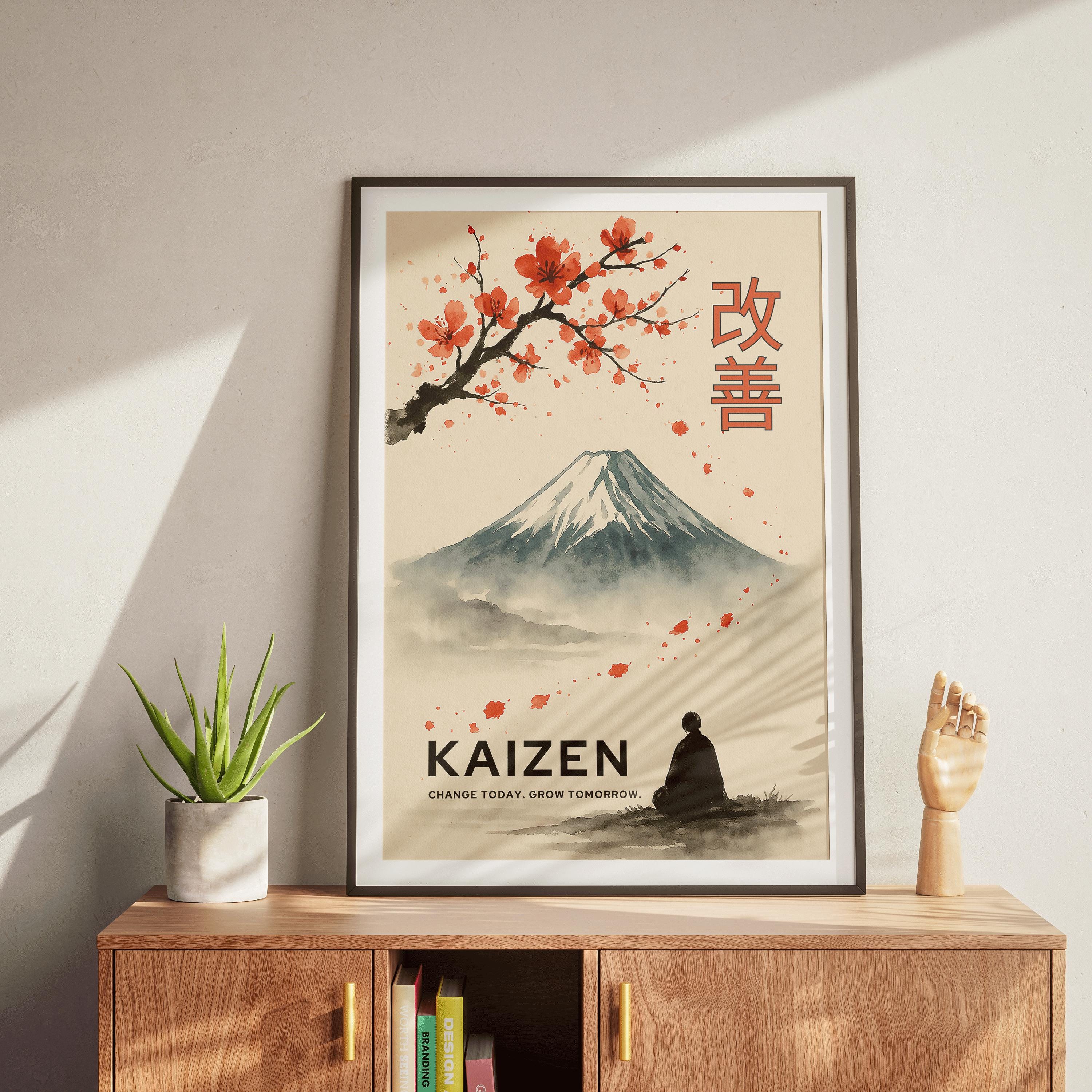 Kaizen Cherry Blossom Mount Fuji Print: Japanese Zen Art (Instant Download)
