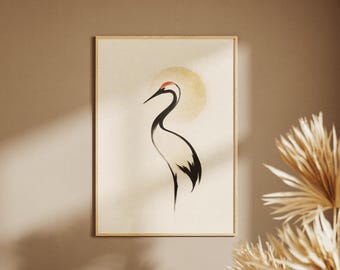 Japanese Crane Brush Art Print: Minimalist Zen Wall Decor (Digital Download)