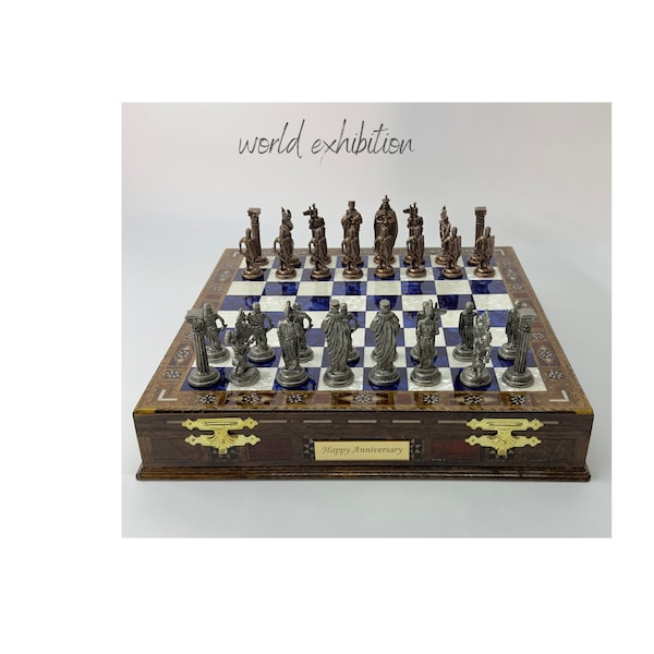 Wooden Handmade Chess Set, Personalized Wooden Chess Board with Storage Metal Theme Chess Pieces, Decorative Chess Set