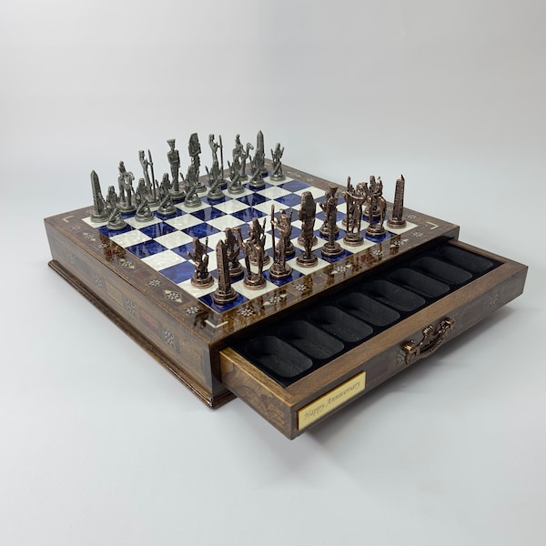 Wooden Handmade Chess Set, Personalized Wooden Chess Board with Storage Metal Theme Chess Pieces, Decorative Chess Set