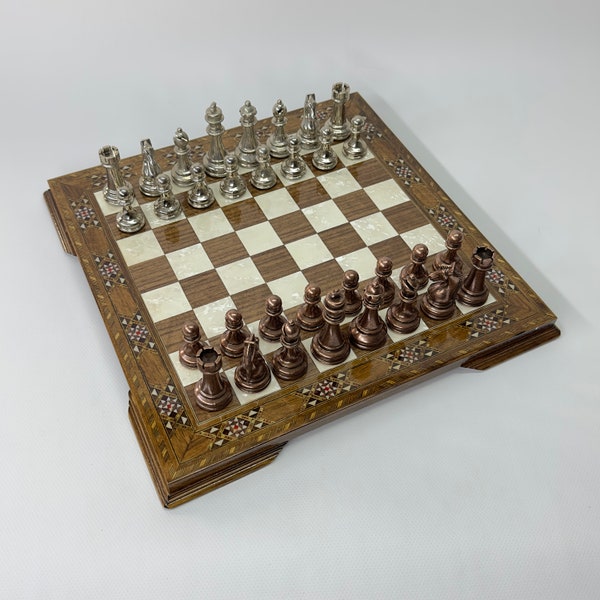 Handmade Wooden Chess Set, Luxury Decorative, Metal Theme Chess Pieces, Mother of Pearl Board, Chess Sets Wooden