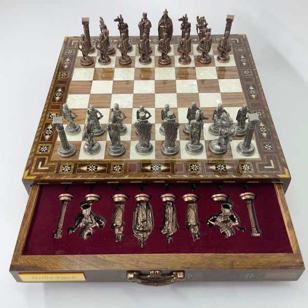 Wooden Handmade Chess Set, Personalized Wooden Chess Board with Storage Metal Theme Chess Pieces, Decorative Chess Set