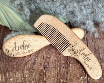 Brosse et peigne à cheveux en bois, personnalisés pour nouveau né - cadeau de naissance - prénom gravé - tiiksi