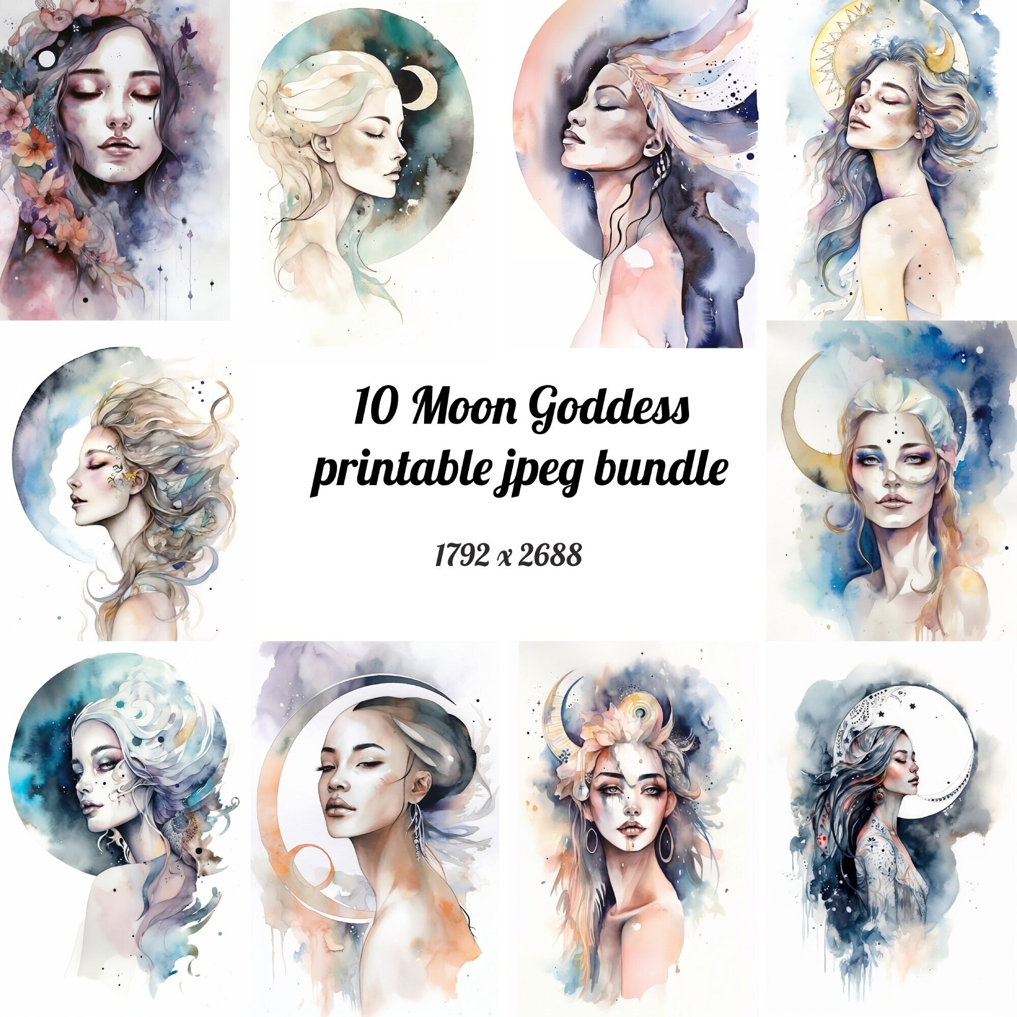 Moon Goddess Art Prints 10 High-quality Watercolor Jpegs for - Etsy