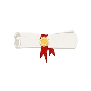 May include: A rolled-up parchment scroll with a red ribbon and a gold seal. The scroll is white, and the seal is circular with a starburst design. The ribbon is tied around the scroll.