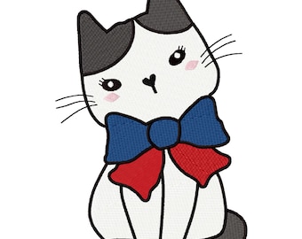 Diseño de bordado de gato kawaii con lazo (descarga digital)