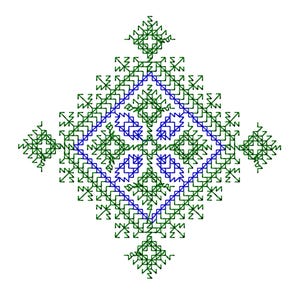 Può includere: Un motivo geometrico verde e blu con una forma di diamante al centro. Il motivo è composto da piccoli quadrati e triangoli.