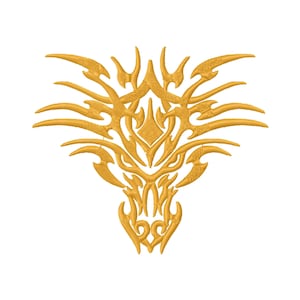 May include: Gold-colored embroidered design on a white background. The design features an abstract, symmetrical pattern with flame-like shapes and pointed elements, creating a tribal or ornamental aesthetic.