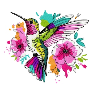 Colorful Hummingbird Floral Embroidery Design (Instant Download)