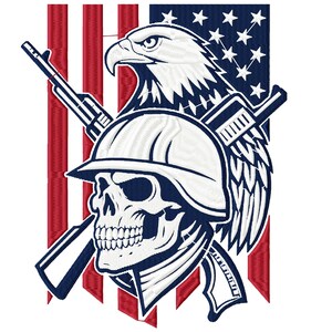 May include: Embroidered design featuring a skull wearing a military helmet, with crossed rifles and an eagle. The background includes the American flag with red and white stripes and a blue field of stars. The design is in shades of white, blue, and red.