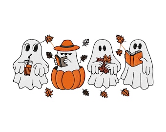 Diseño de bordado de Halloween de fantasmas de libros, archivo de máquina de otoño acogedor, patrón espeluznante de fantasmas de lectura