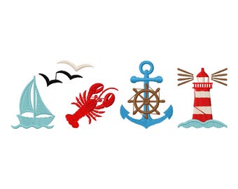 Nautisches Stickdatei Set: Segelboot, Leuchtturm, Anker (Instant Download