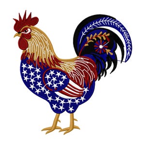 Patriotic Rooster Embroidery Design – 4th of July USA Flag Chicken Machine Stitch – Instant Download – Farm Animal Appliqué