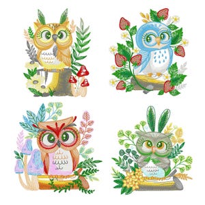 May include: Four embroidered owl designs. One is yellow and brown, perched on a tree stump with mushrooms. Another is blue with strawberries. The third is orange and red with mushrooms. The last is gray with yellow flowers.