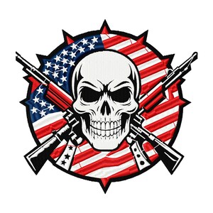 May include: Embroidered patch featuring a white skull with crossed rifles, set against a backdrop of the American flag. The design includes red and white stripes, blue stars, and a black outline.