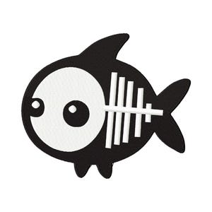 Könnte beinhalten: Schwarz-weißes Cartoon-Fisch mit einem Skelett im Inneren. Der Fisch hat ein großes Auge und einen kleinen Mund.