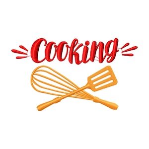 May include: An illustration featuring the word "Cooking" in red script above a crossed whisk and spatula. The whisk and spatula are orange and appear to be made of plastic. The background is white.