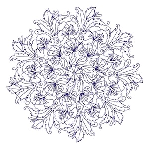 May include: A detailed, symmetrical mandala design in dark blue on a white background. The circular pattern features intricate floral and leaf motifs, creating a complex and visually appealing artwork. Ideal for coloring or decorative purposes.