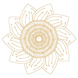 Könnte beinhalten: Ein detailliertes goldfarbenes Blumenmuster auf weißem Hintergrund. Das Design zeigt eine zentrale Spirale, die von konzentrischen Kreisen und blütenblattartigen Formen umgeben ist, alles mit feinen Linien und kleinen Punkten erstellt, die einer Stickerei ähneln.