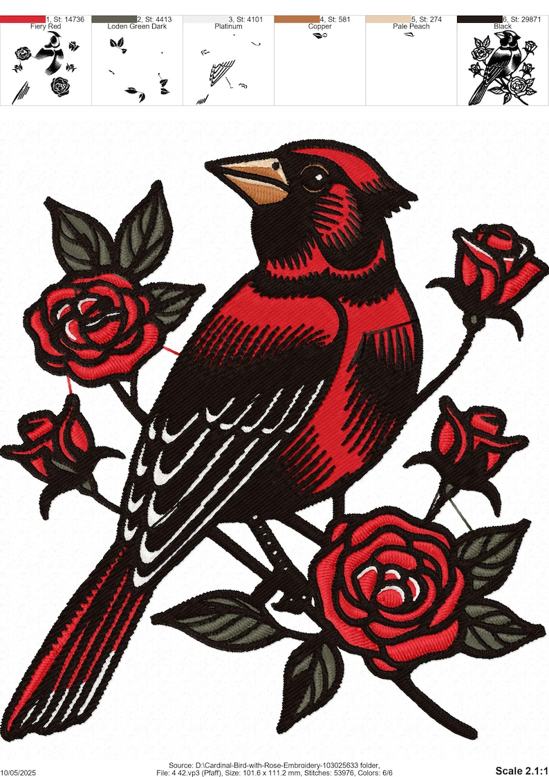 Cardinal Bird With Rose Embroidery Design – Floral Machine Pattern ...
