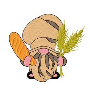 Può includere: Gnomo ricamato con una baguette e spighe di grano. Lo gnomo indossa un cappello marrone e ha una lunga barba grigia. La baguette è arancione e il grano è giallo. Le mani e il naso dello gnomo sono rosa e ha scarpe nere.