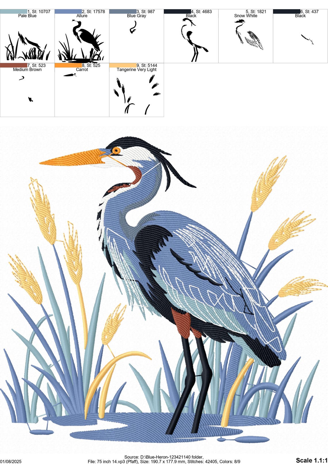 Blue Heron Embroidery Design | Large Bird Machine Embroidery File ...